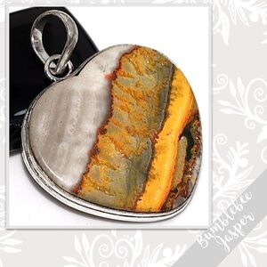Bumblebee Jasper Large Silver Artisan Heart Pendant, 2” (Gold, Orange, Black)